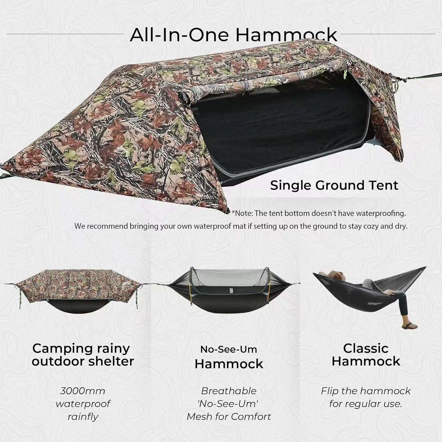 3-in-1 Waterproof Camping Hammock Tent with Mosquito Net, Rainfly, Lightweight Portable for Hiking Outdoor Travel