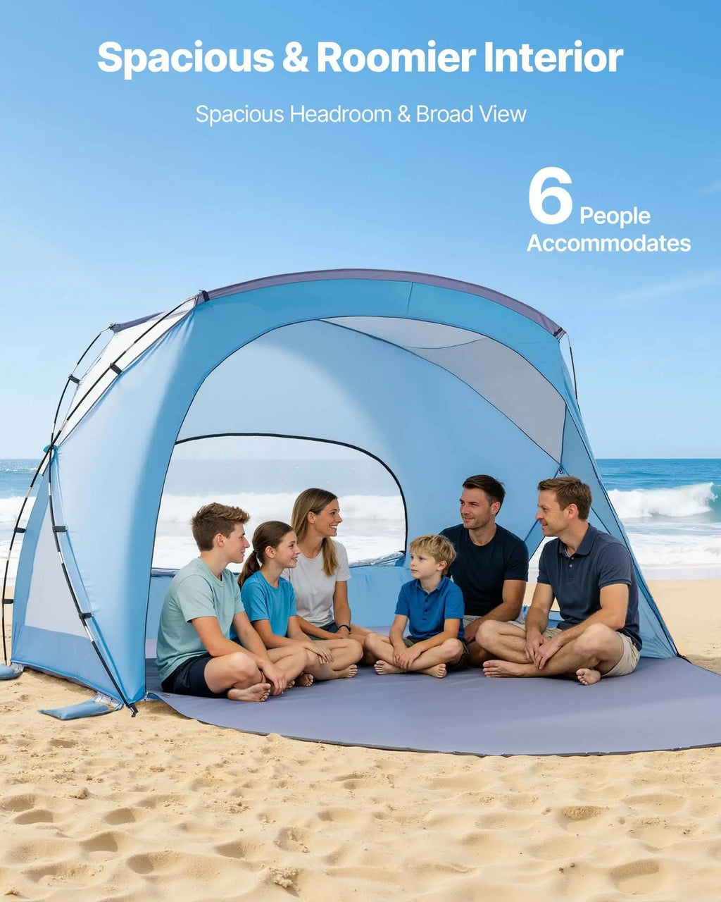 Beach Tent Sun Shelter for 6 Person, UPF 50+ Protection, Portable Sun Shade Canopy with Carrying Bag & Sand Pockets,