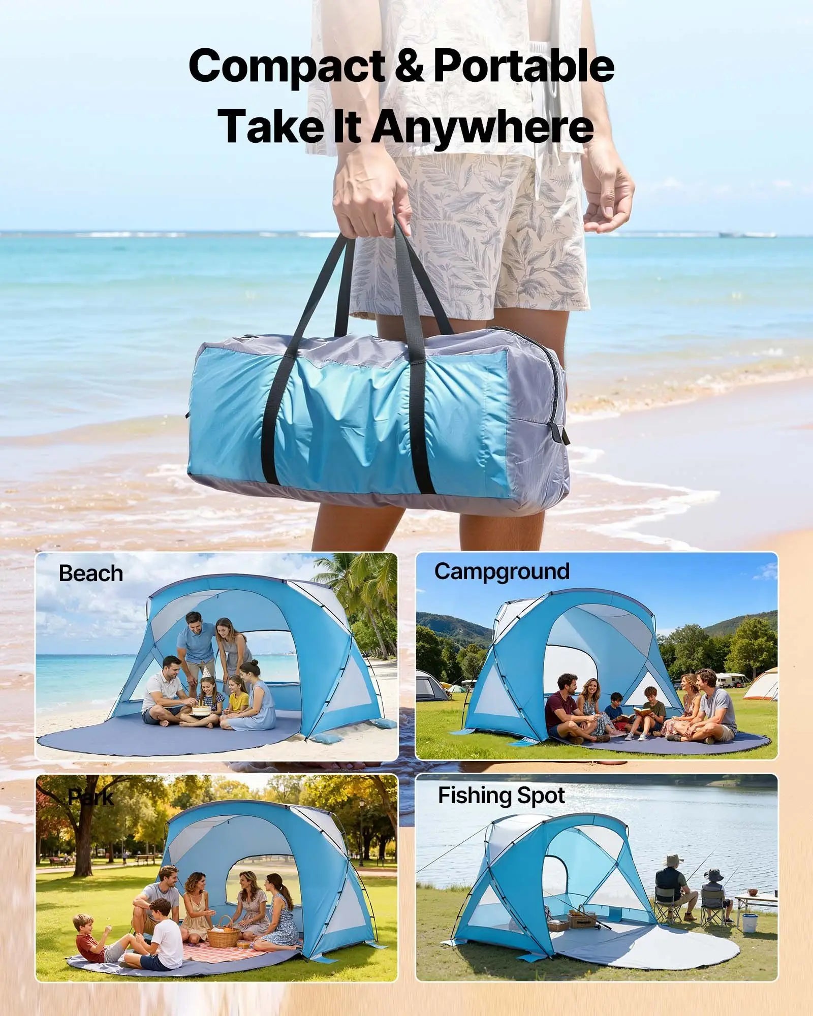 Beach Tent Sun Shelter for 6 Person, UPF 50+ Protection, Portable Sun Shade Canopy with Carrying Bag & Sand Pockets,