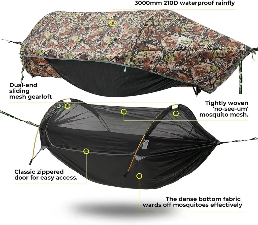3-in-1 Waterproof Camping Hammock Tent with Mosquito Net, Rainfly, Lightweight Portable for Hiking Outdoor Travel