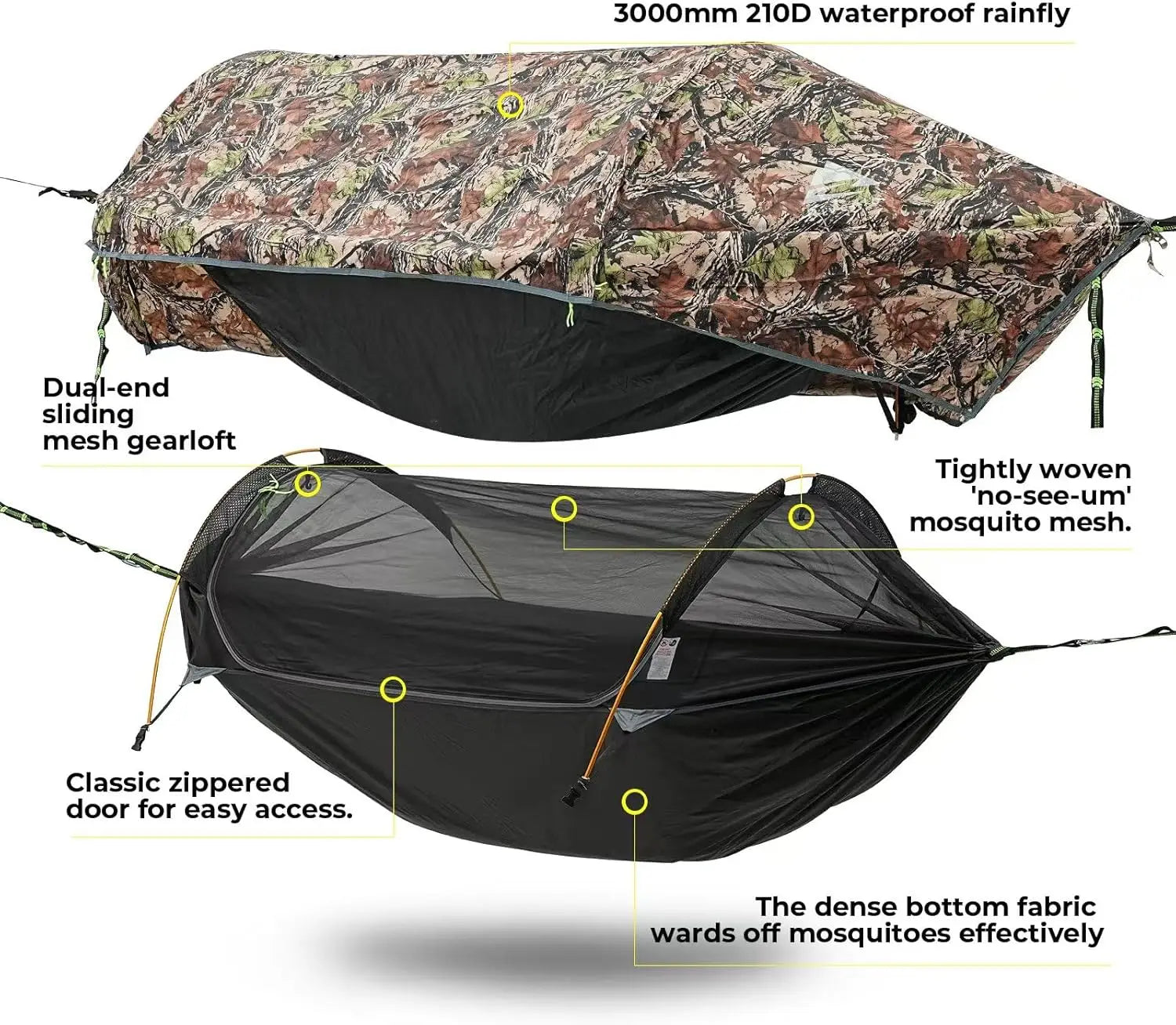 3-in-1 Waterproof Camping Hammock Tent with Mosquito Net, Rainfly, Lightweight Portable for Hiking Outdoor Travel